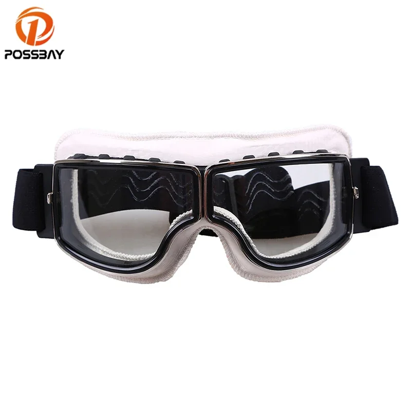 

POSSBAY Motorcycle Goggles Chameleon Leather White Yellow MX Ski Mtb Bicycle Bike Outdoor Motocross Googles Cycling Eyewear