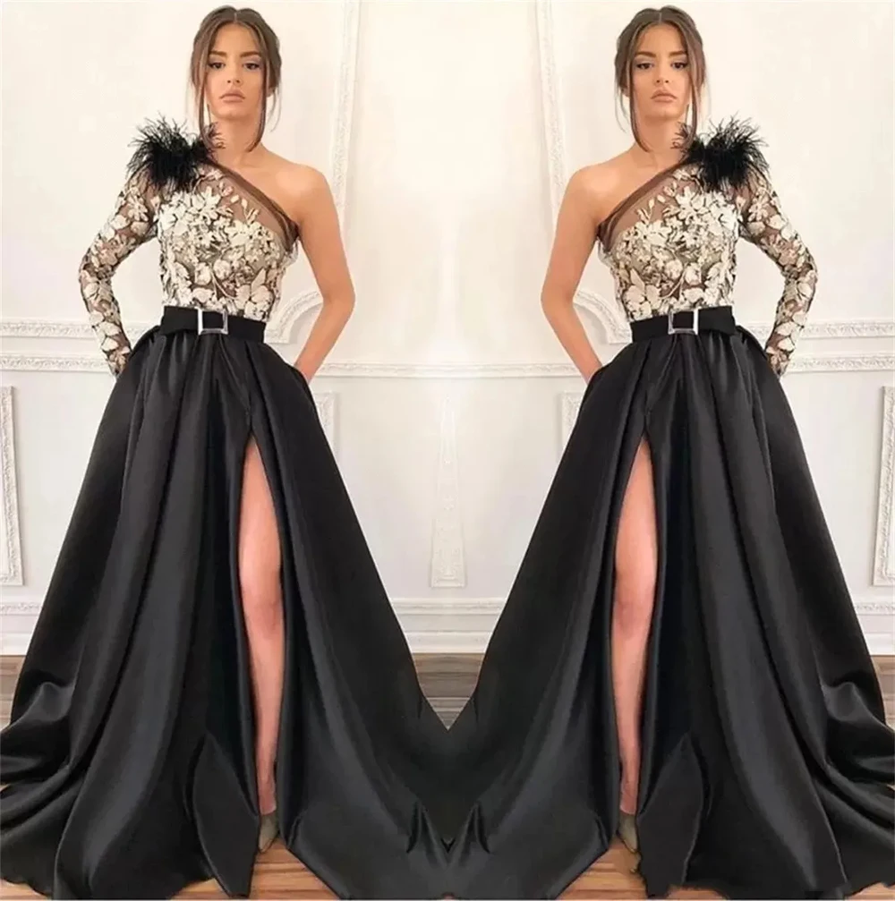 

Black Evening Dresses One Shoulder A Line Illusion Lace Appliques Feather High Side Slit Prom Gowns Formal Party Robe De Soiree