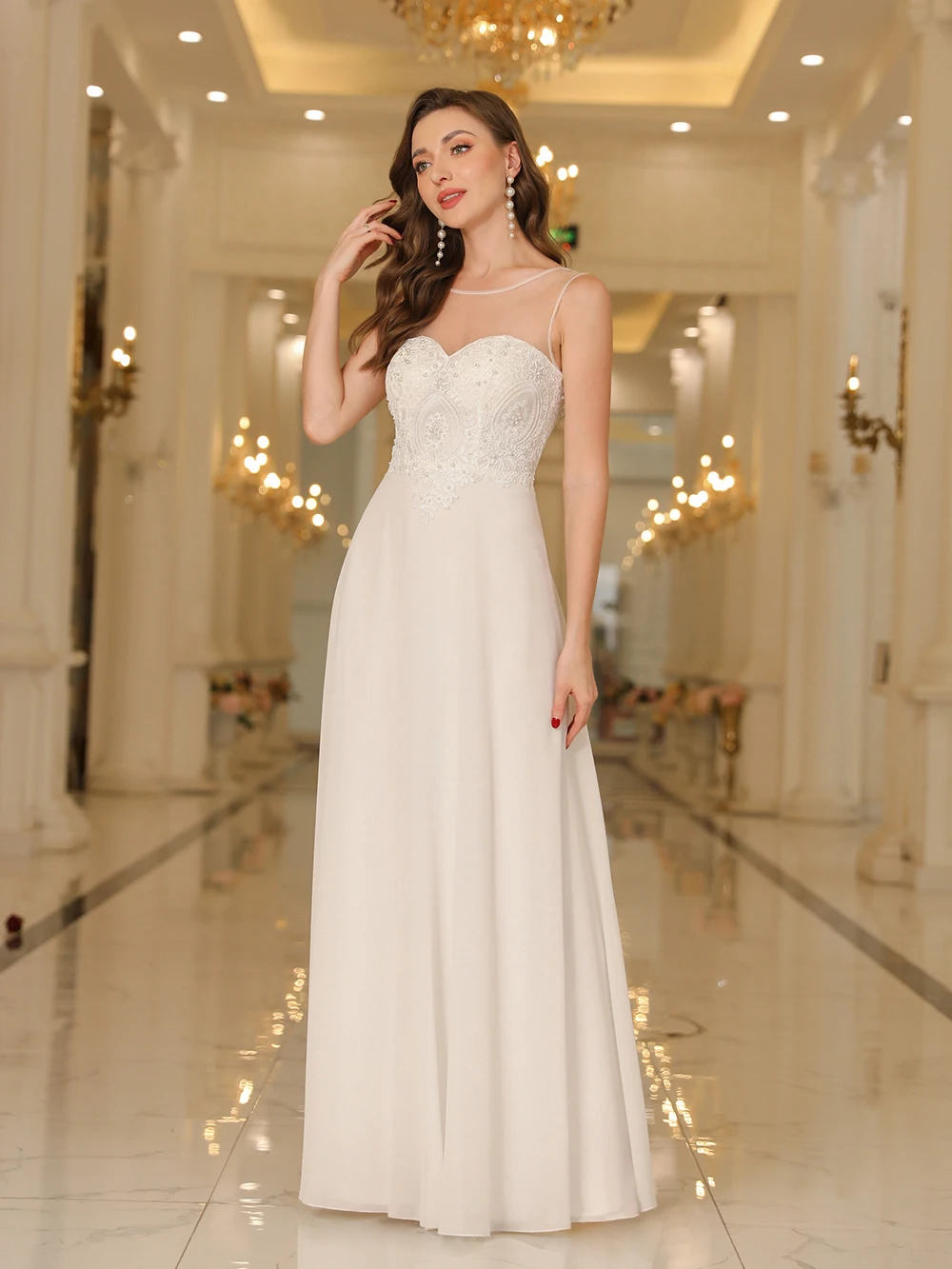 

Ivory Chiffon 2024 Evening Dresses Elegant Pearls Appliques Illusion Sleeveless Prom Gowns Party Sexy Formal Robe De Soiree