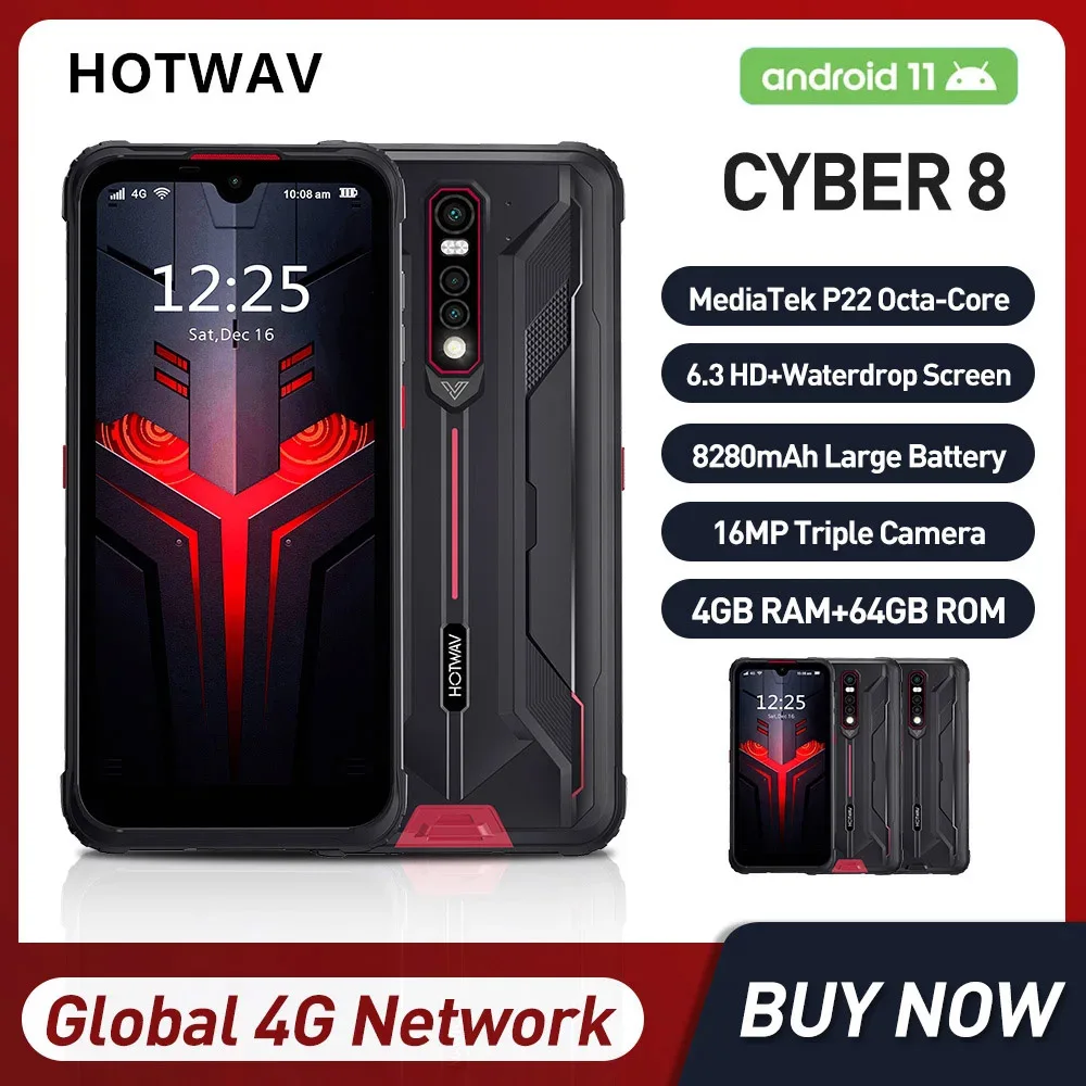 

HOTWAV Cyber 8 Waterproof Rugged 4G Smartphones Octa-core 4GB+64GB 6.3Inch HD Android 11 Mobile Phone 8280mAh 16MP Camera NFC