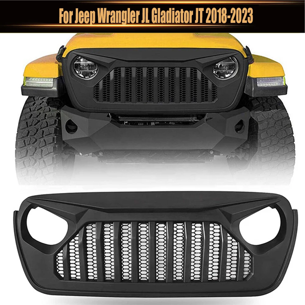 

For Jeep Wrangler JL Gladiator JT 2018-2023 Front Upper Grille Angry Style Racing Grills 4x4 Offroad Front Car Bumper Grille Fit