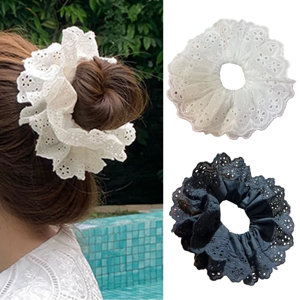 

Large Lace Scrunchies Girls Sweet Rose Lolita Lace Hair Ties Pure Color Ponytail Holder Hair Ring Four Layer French Hair Rope