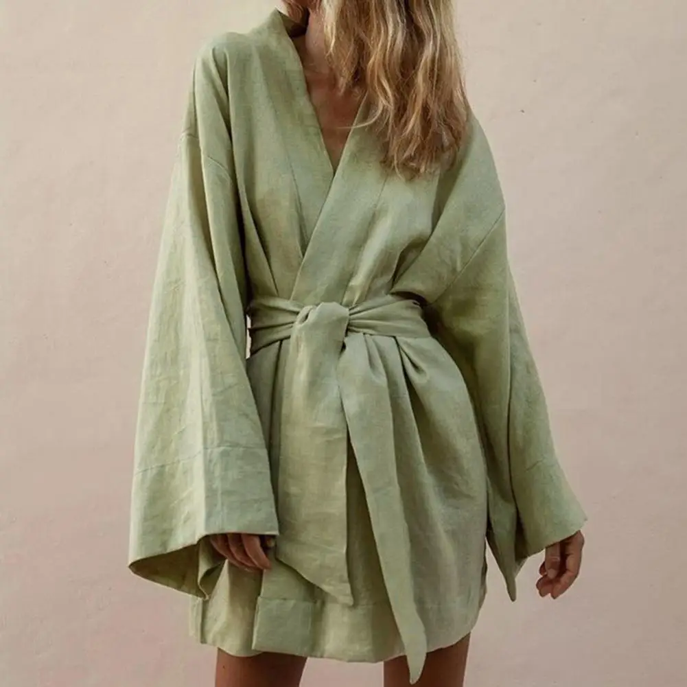 Women's V-Neck Kimono Cardigan Dress Lace Up Robe Dress Long Sleeve Women V Neck Solid Color Mini Dress Streetwear Vestidos
Women's V-Neck Kimono Cardigan Dress Lace Up Robe Dress Long Sleeve Women V Neck Solid Color Mini Dress Streetwear Vestidos