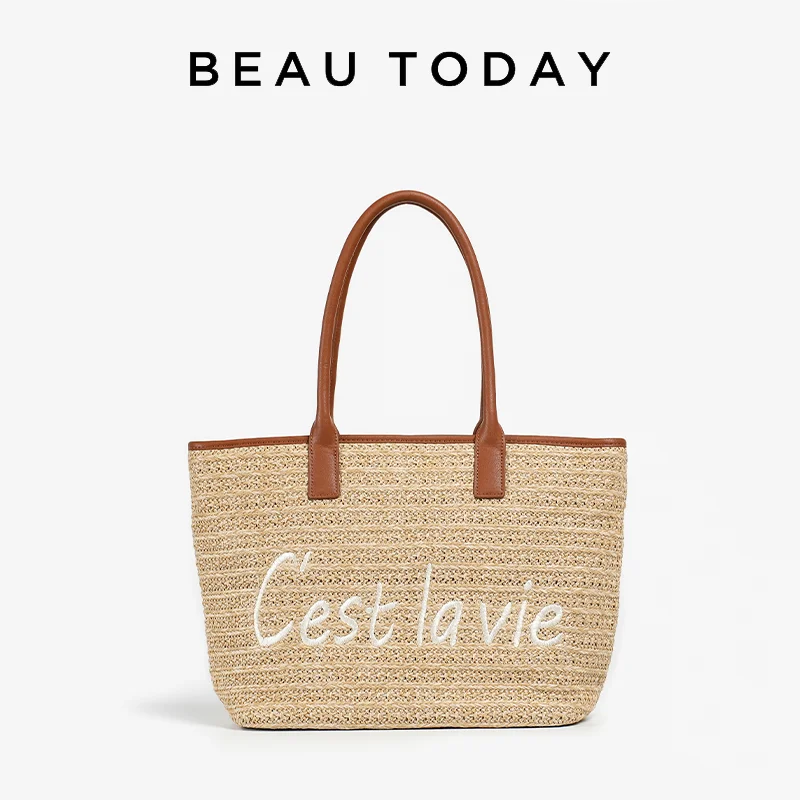 

BEAUTODAY Large Hanbag Women Straw Bags Solid Color Letter Decoration Outdoor Vacation Beach Bucket Bag 2023 Casual Tote 62062