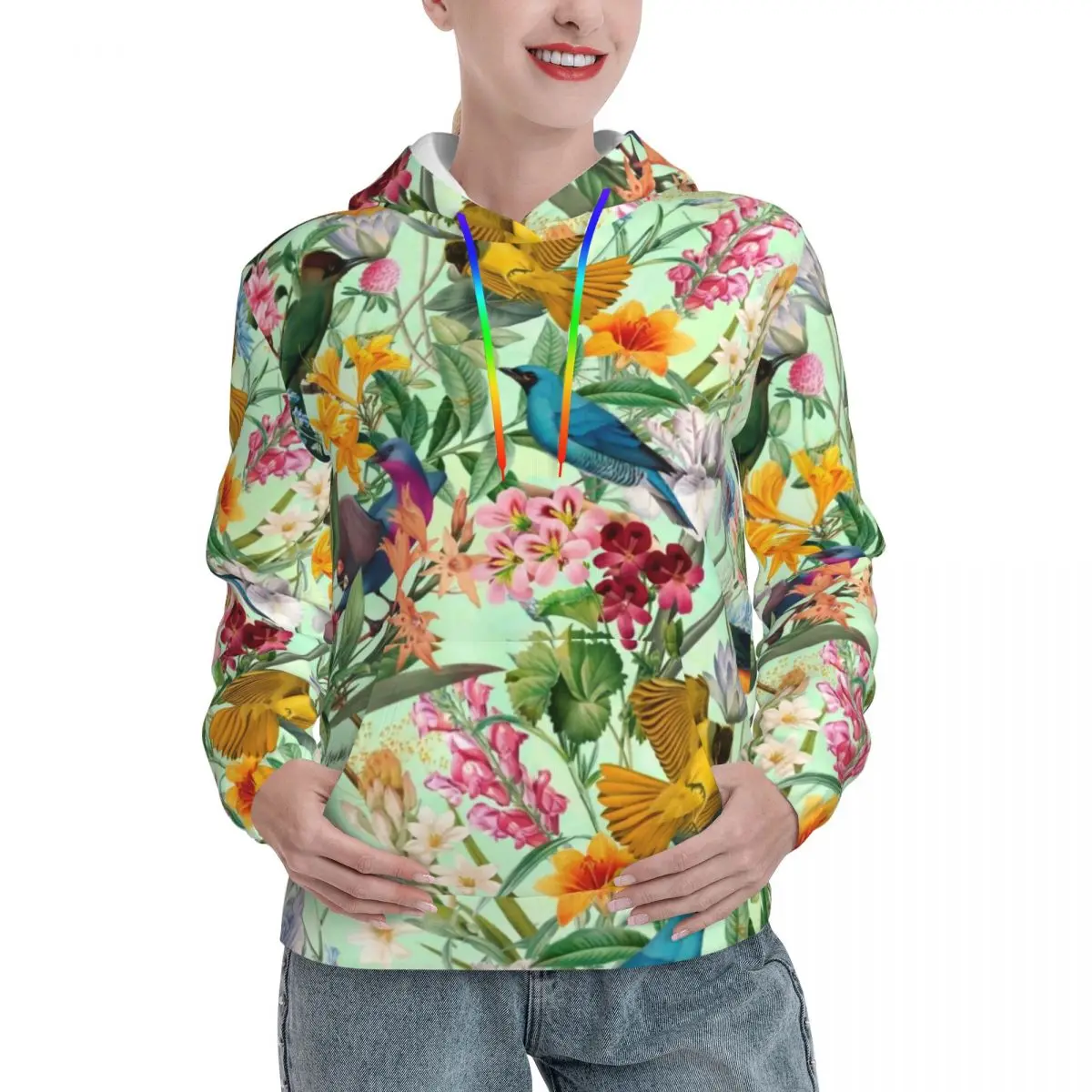 

Толстовка с капюшоном для пар, свободная уличная одежда с разноцветным принтом птиц, тропический рай, пуловер с капюшоном, забавная Осенняя рубашка с капюшоном