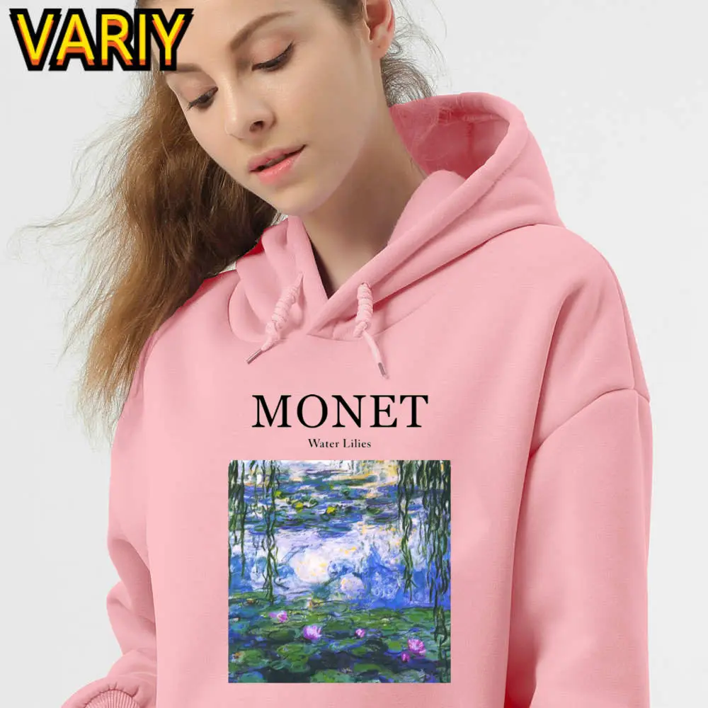 

Повседневные свободные Теплые Топы Monet, Женский пуловер с капюшоном и принтом масляной живописи, флисовый свитшот большого размера, худи в стиле панк, уличная одежда