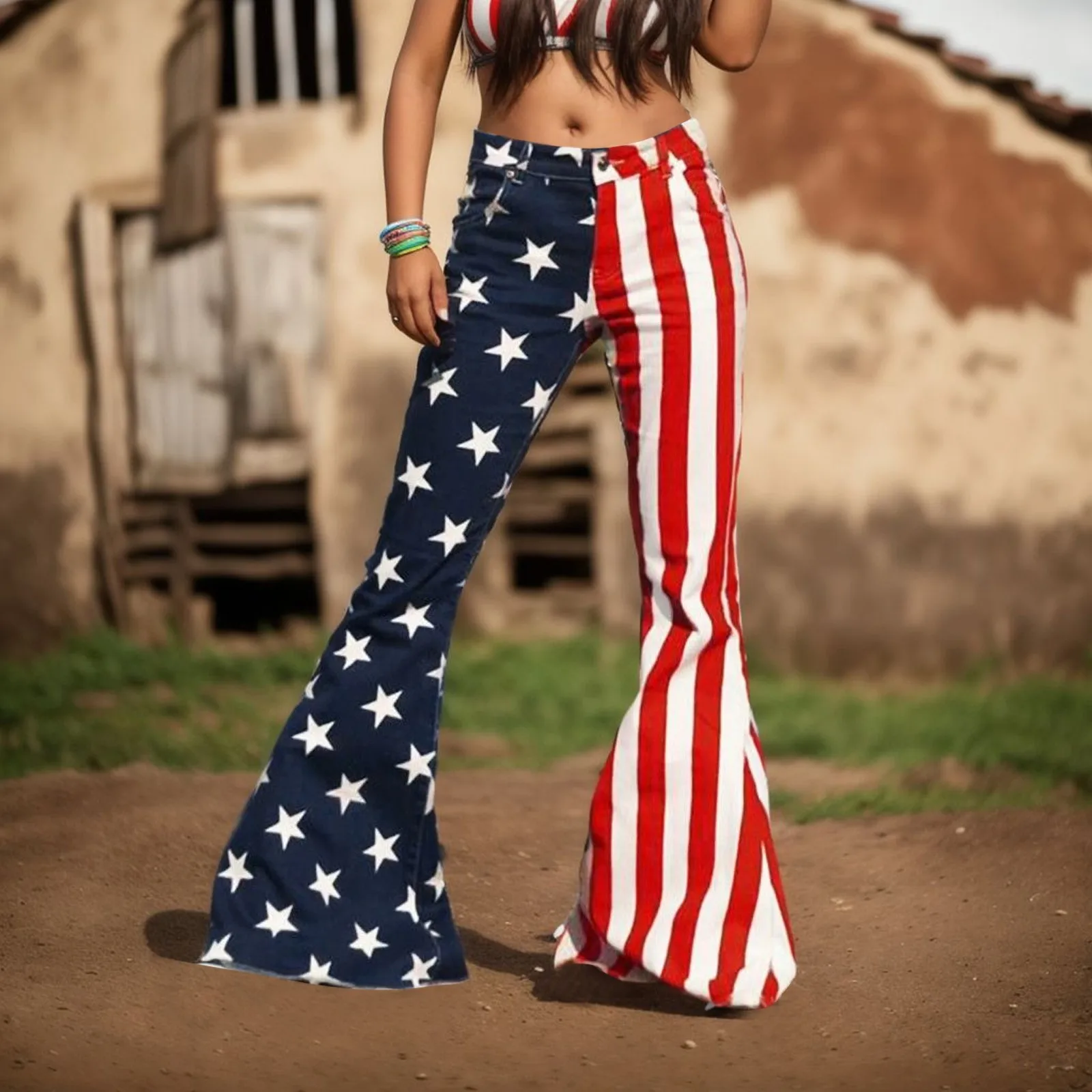 

July Independence Day And Stripes Low Waist Womens Jeans Boot Cut Floor Length Female Pants Button Fly Slim Fit Womens Jeans