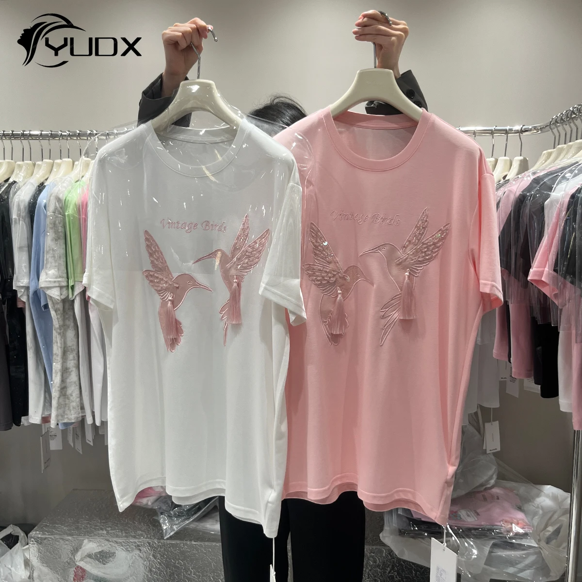 

YUDX Oversize Women Tshirts 2024 New Summer Mid-long Embroidery Tassel O-neck Short Sleeve Casual Tees Pullover Bottom Top