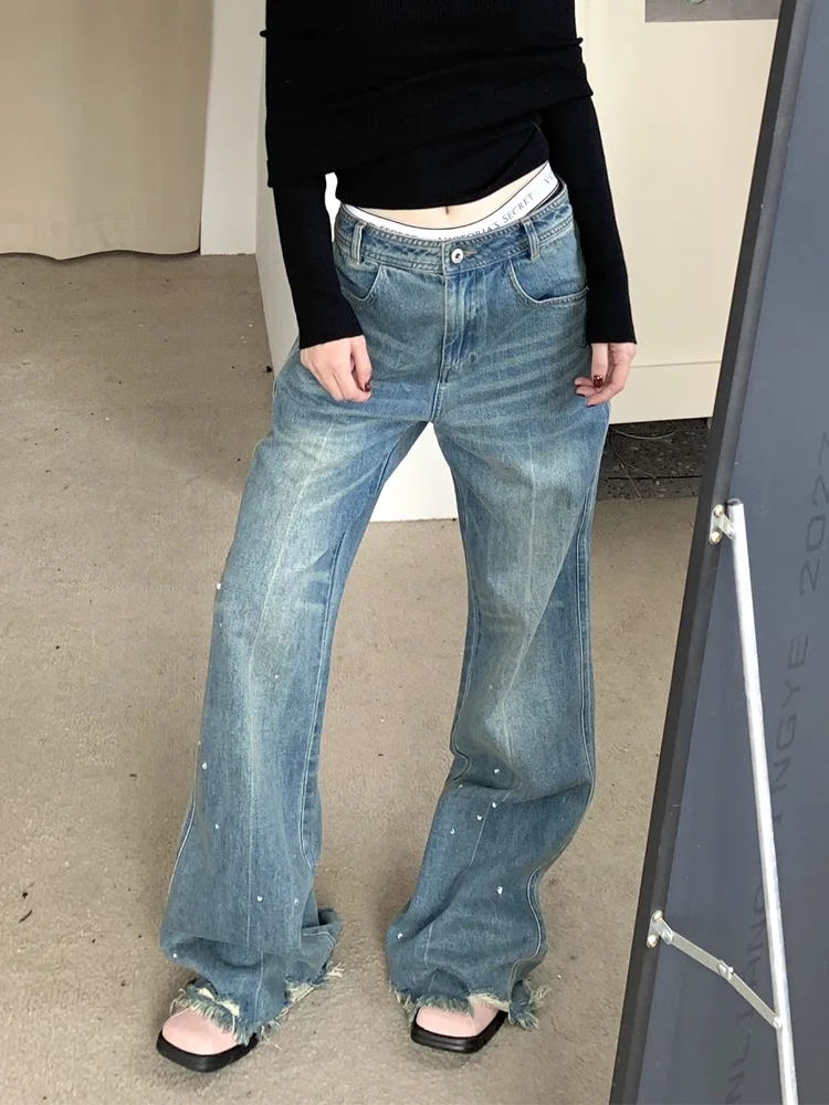 

Slergiri New Streetwear Frayed Hem Baggy Jeans Women's Y2K American Retro Washed Do Old High-waisted Denim Pants Full Length
