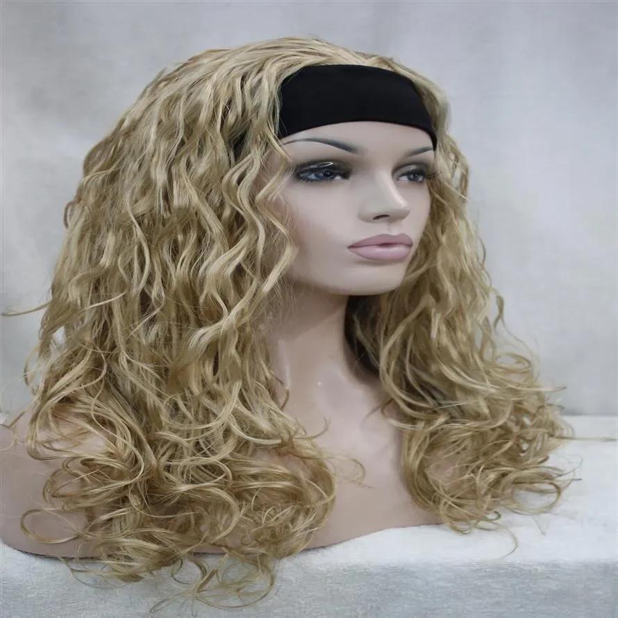 

New charming healthy fashion golden blonde wavy Curly 3 /4 wig with headband synthetic women's half wig