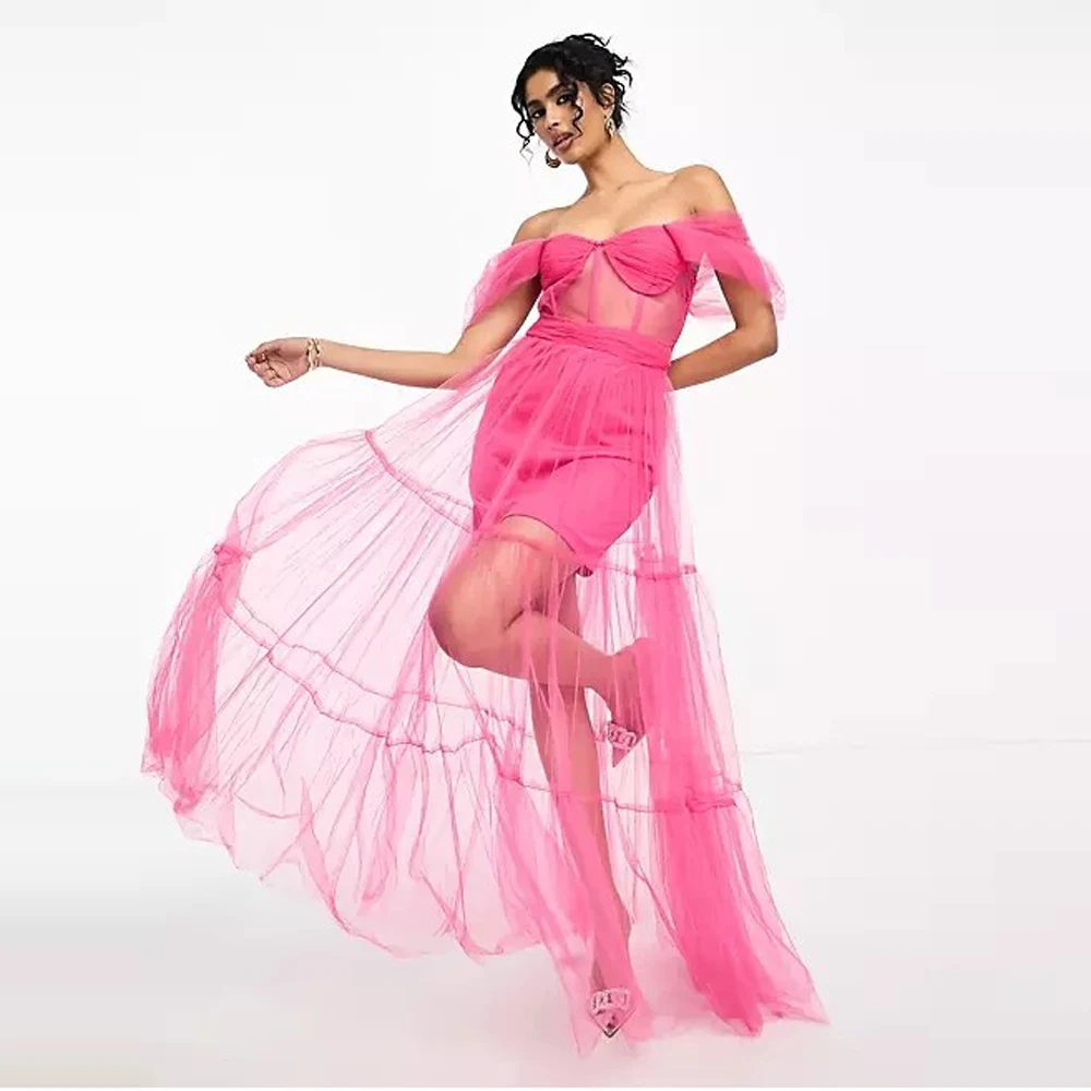

Sexy Illusion Fuchsia Long Tulle Maxi Dress With A Corset Bustier A-line Tutu Tulle Prom Gowns To Party Female Robe