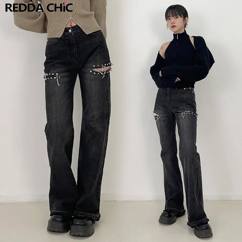 

REDDACHiC Punk Y2k Cut-out Flare Jeans for Women Bootcut Pants Rivets Beaded High Waist Raw Hem Denim Bell Bottoms Acubi Fashion