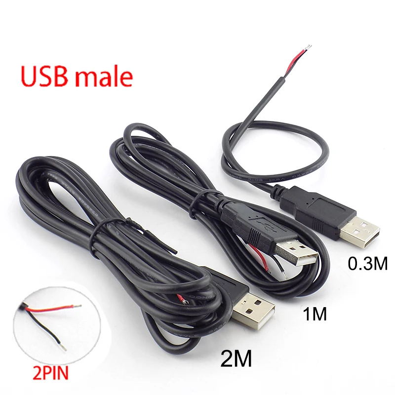 

0.3m/1m/2m 5V USB Cable Power Supply 2 Pin Wire USB 2.0 Type A Male Plug Connector Jack Charger Charging DIY Cord Extension