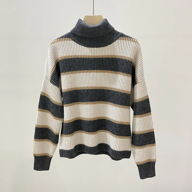 

Women Sweater 100% Cashmere Turtleneck Soft Autumn Casual Stripes Knitted Pullover