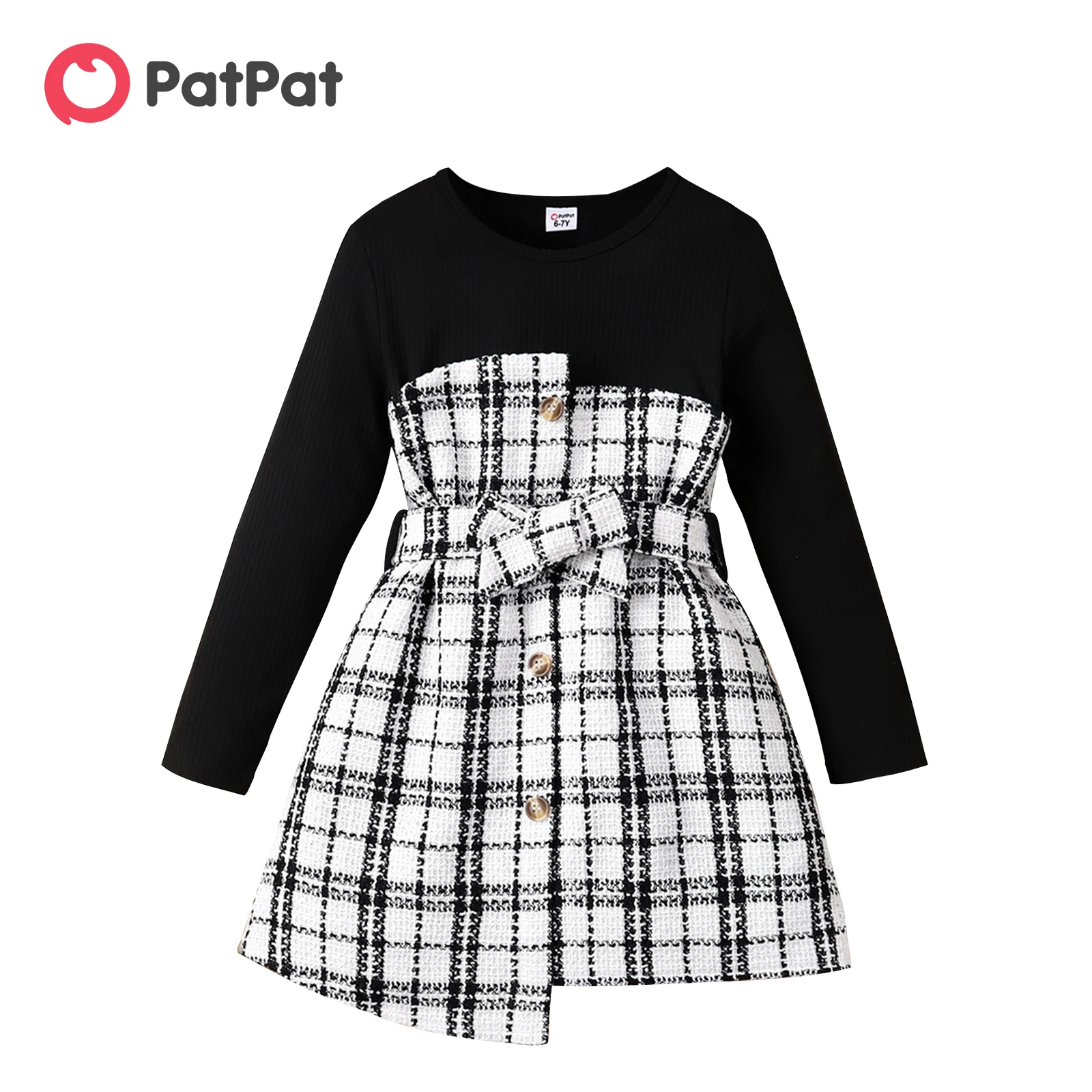 

PatPat Dress for Girl Kid Girl Plaid Tweed Splice Button Design Irregular Hem Long-sleeve Girl Dresses for 5-12 Y