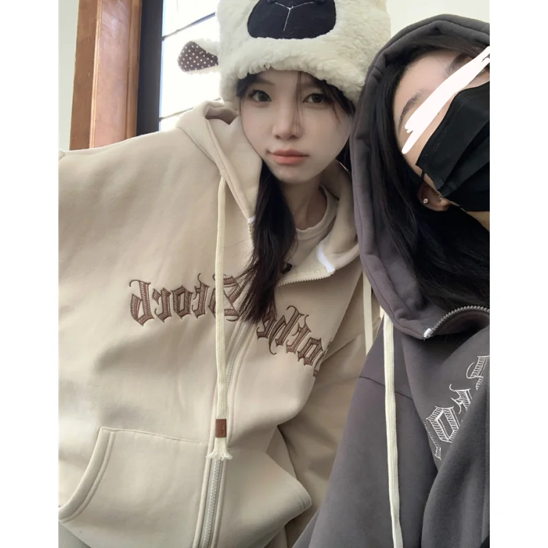 

Women Apricot Sweatshirt Printing Contrasting Colors Hooded Coat Vintage Long Sleeve Fashion Casual Y2K NEW Winter Female Tops