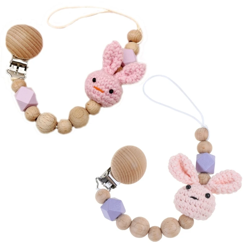 

Baby Pacifier Clip Nursing Soother Holder Wooden Beads Crochet Rabbit Teether Chain Clip DIY Nipple Holder Leash