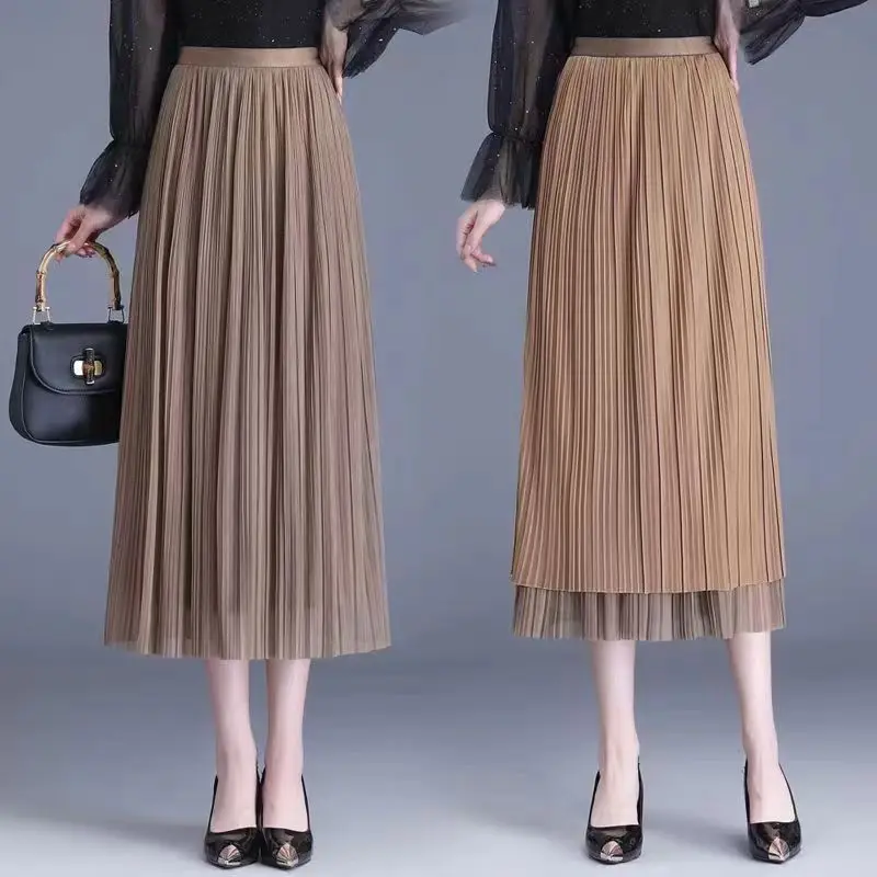 

South korea Chic Summer New French sle Retro Layered Casual All-matching High Waist Long Solid Pleated Skirt work fit Skirt