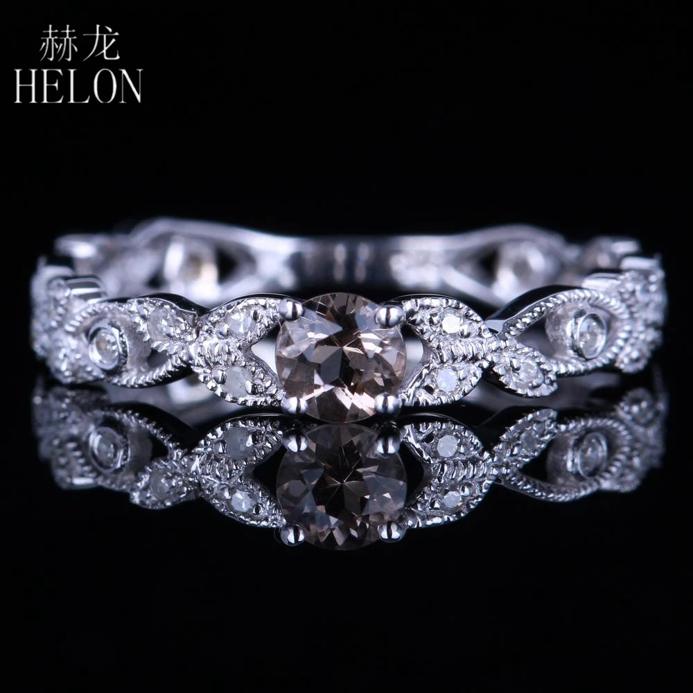 

HELON Solid 14K White Gold Flawless Round Cut 4mm Genuine Smokey Quartz & Diamond Engagement Ring Women Vintage Diamond Ring