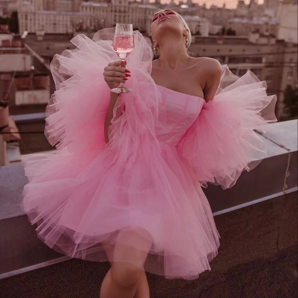 

Розовое платье для выпускного вечера, короткое Пышное Тюлевое платье-пачка с рукавами, женское многослойное мини-платье с открытыми плечами и оборками на молнии