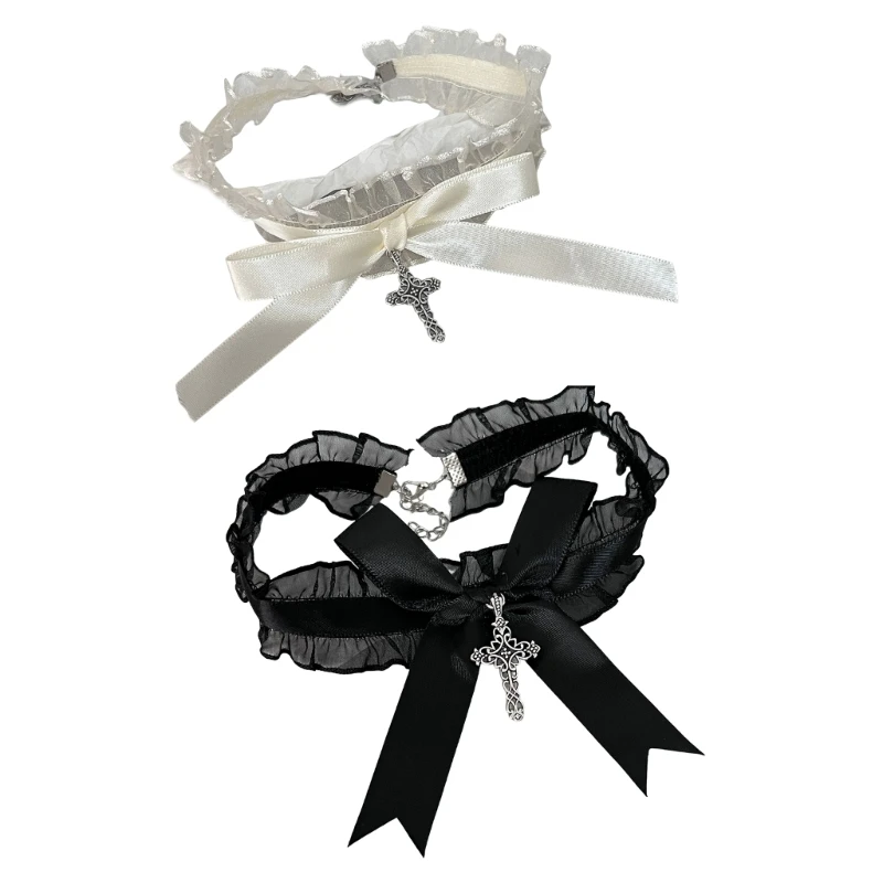 

50JB Ruffle Lace Choker with Bowknot Crosses Pendant Punk Gothic Maid Sweet Collar Accessories Jewelry for Women Girls