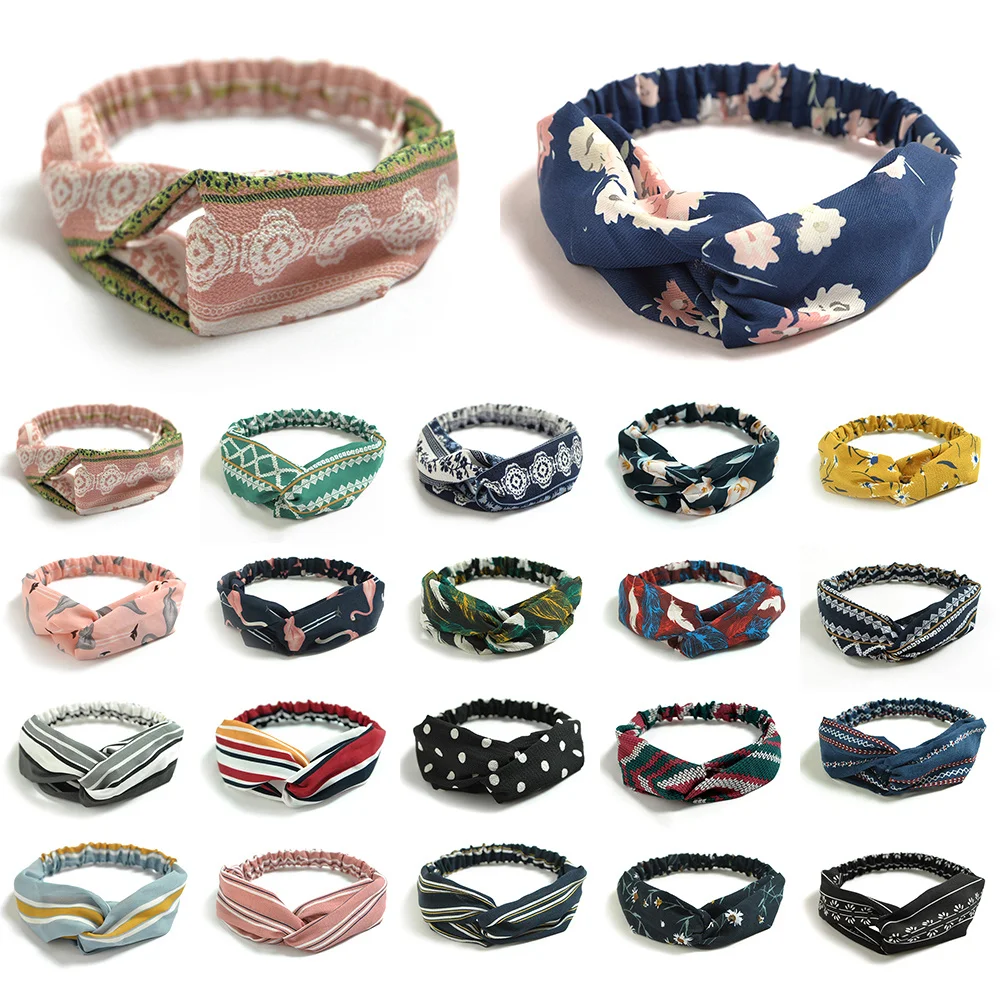 

Women Girls Summer Bohemian Hair Bands Print Headbands Vintage Cross Turban Bandage Bandanas HairBands dress Hair Accessories