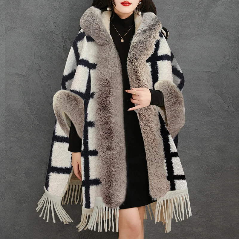 

Fashion Soft Faux Fur Coat Cape Hooded Collar Knit Blends Wool Overcoat Women Winter Loose Cloak poncho Plaid Tassel Mantle