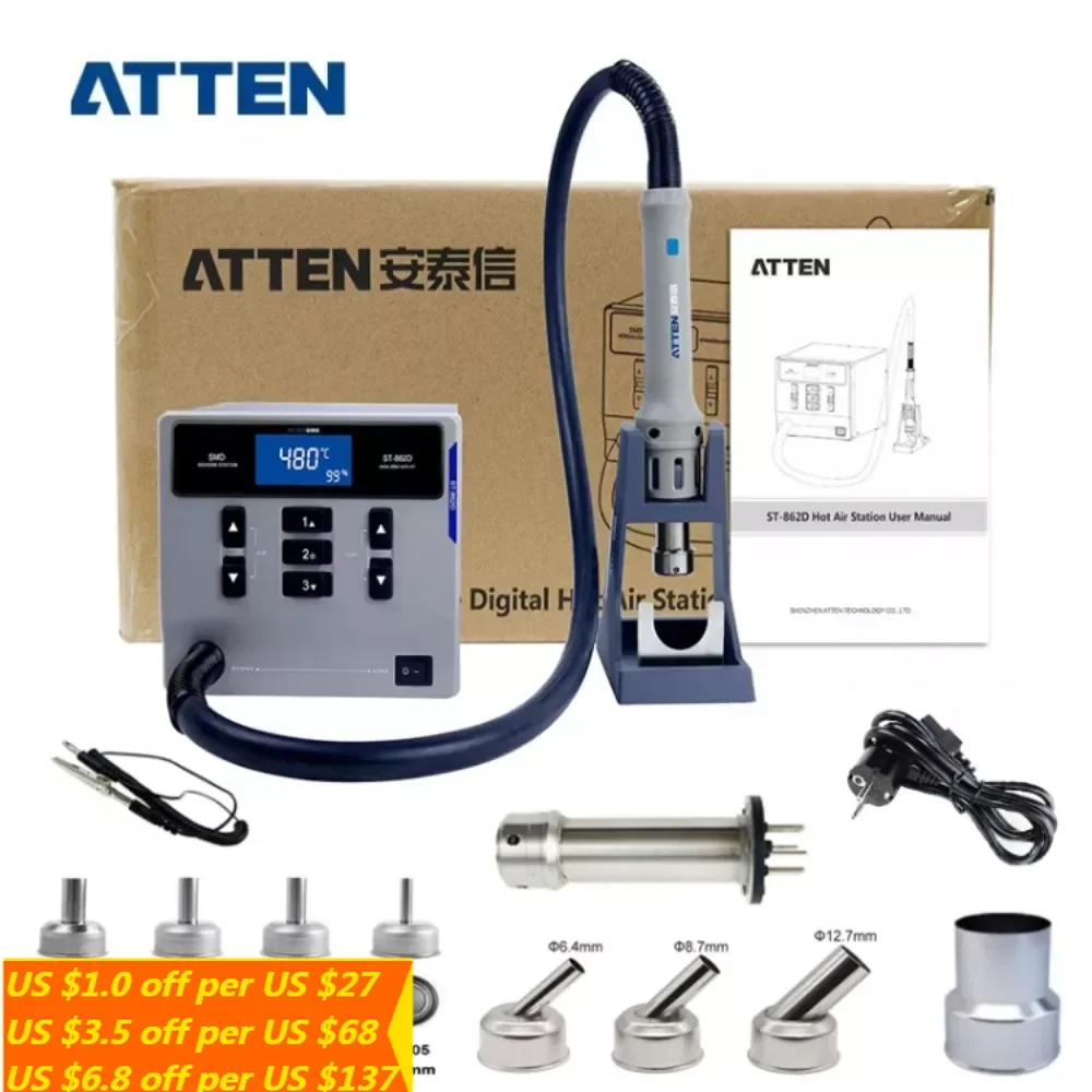 

ATTEN ST-862D 110V / 220V 1000W Hot Air Gun Digital Display BGA Rework Station Automatic Sleep Repair Desoldering Station