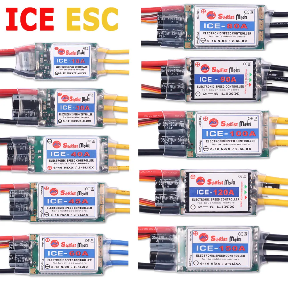 SunriseModel ICE 18A 30A 40A 45A 60A 90A 100A 120A 150A 2-6S Helicopter Airplane Brushless ESC with BEC Output for RC Models DIY
SunriseModel ICE 18A 30A 40A 45A 60A 90A 100A 120A 150A 2-6S Helicopter Airplane Brushless ESC with BEC Output for RC Models DIY