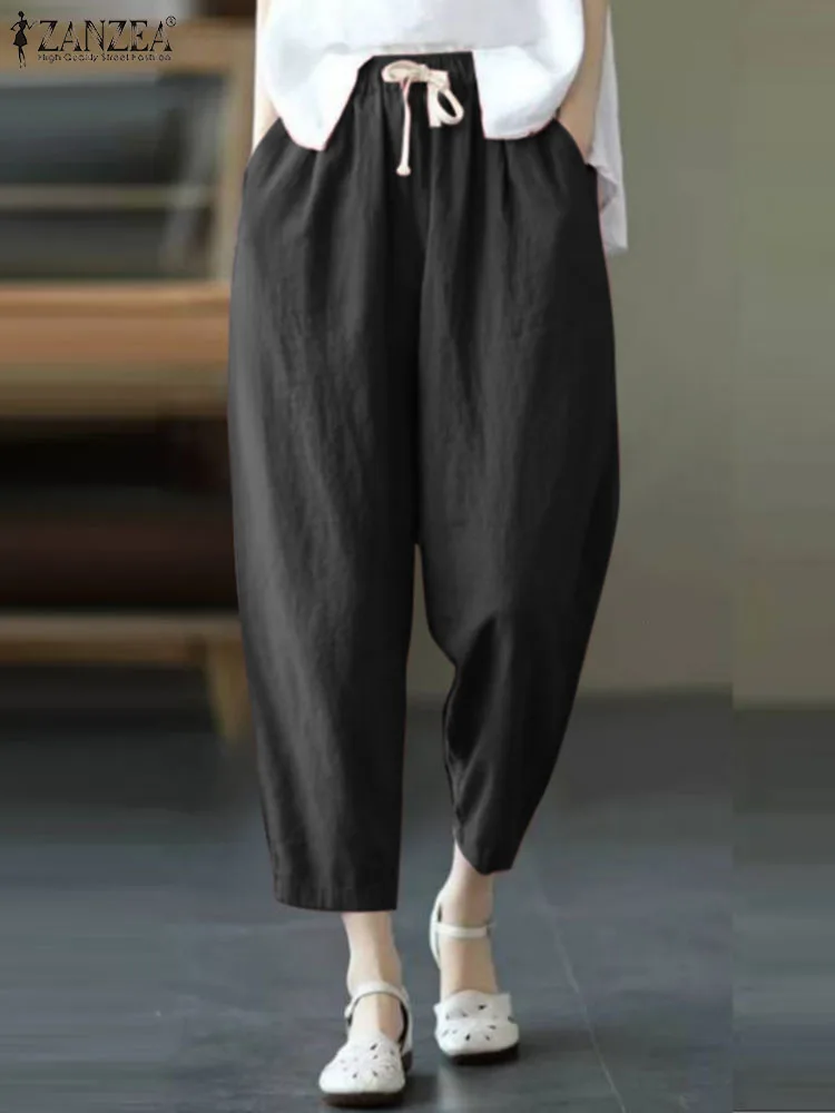 

Брюки-султанки ZANZEA женские с эластичным поясом, модные однотонные повседневные хлопковые брюки, винтажная свободная уличная одежда палаццо, на лето