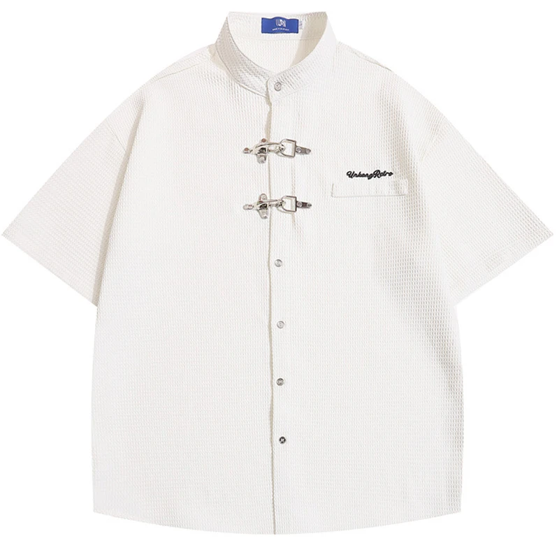 

Рубашка Мужская винтажная с вышивкой и надписью, блузка с короткими рукавами на пуговицах, рубашка в стиле ретро, уличная одежда в стиле хип-хоп, сорочка оверсайз для пар