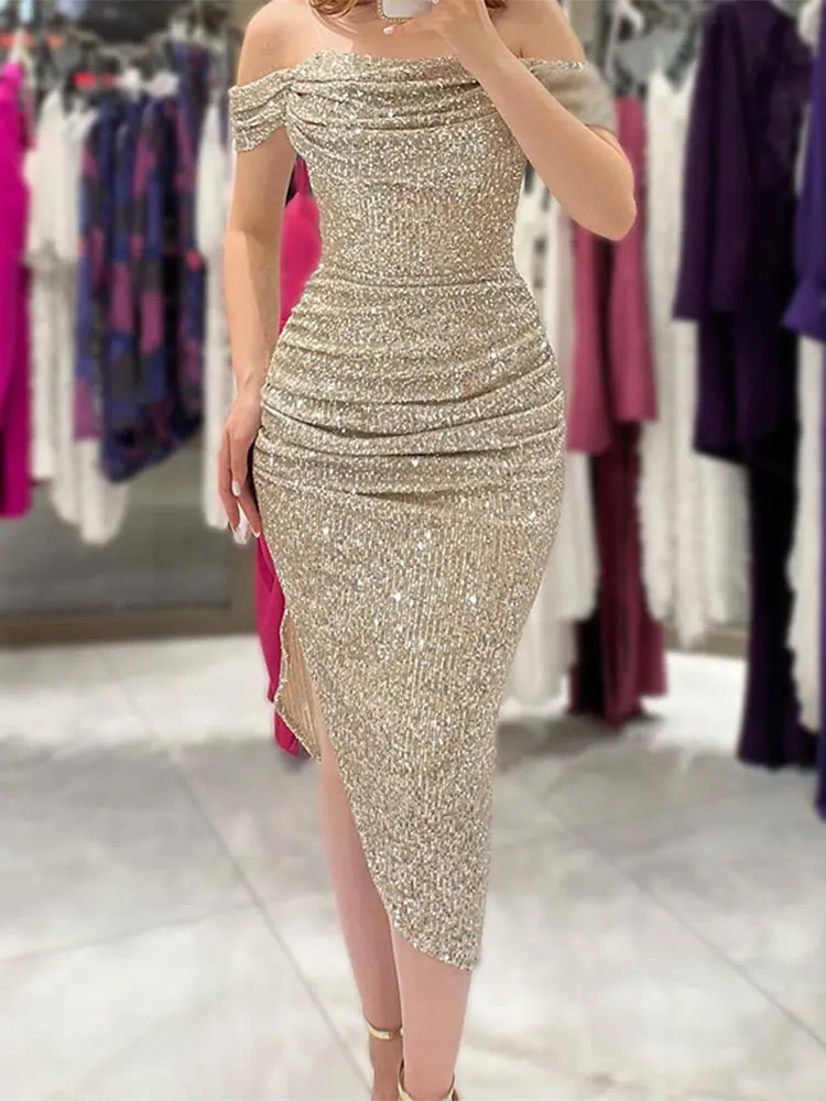 Women Off-shoulder Shiny Sequins Midi Dresses Fashion Sexy Backless Pleated Long Dress 2023 Female Prom Party Evening Vestidos
Women Off-shoulder Shiny Sequins Midi Dresses Fashion Sexy Backless Pleated Long Dress 2023 Female Prom Party Evening Vestidos