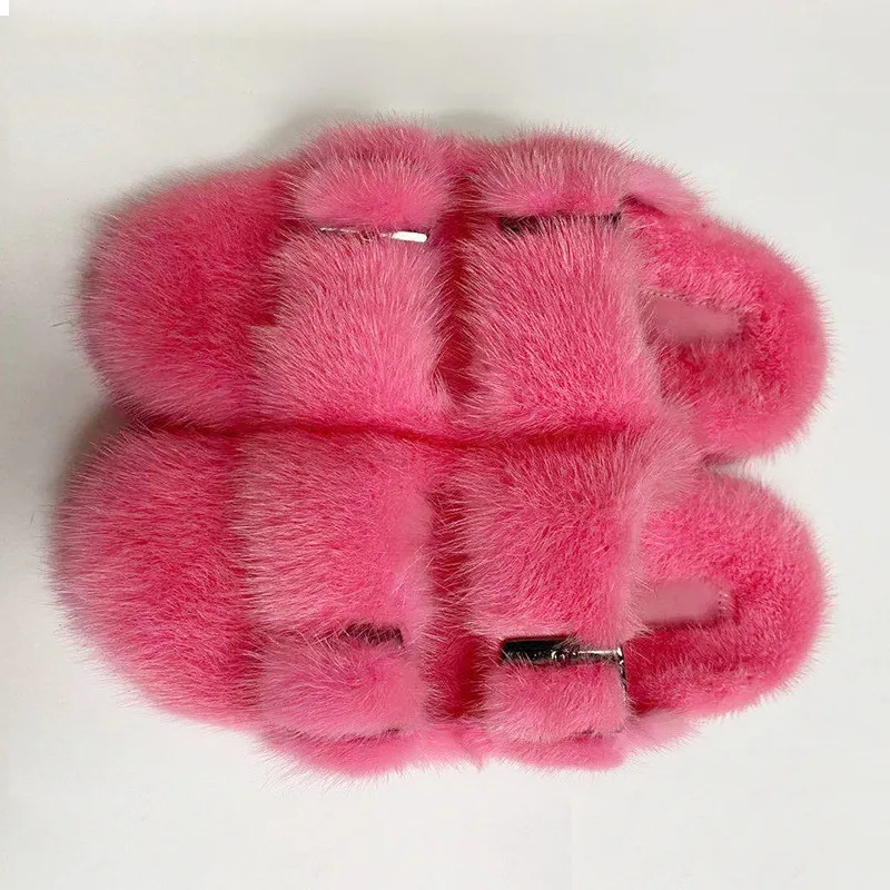 

Women Furry Fur Slippers 100% Mink Fur Flat Shoes Female Summer Outside Slides Ladies Casual Warm Mules Designer Sandals