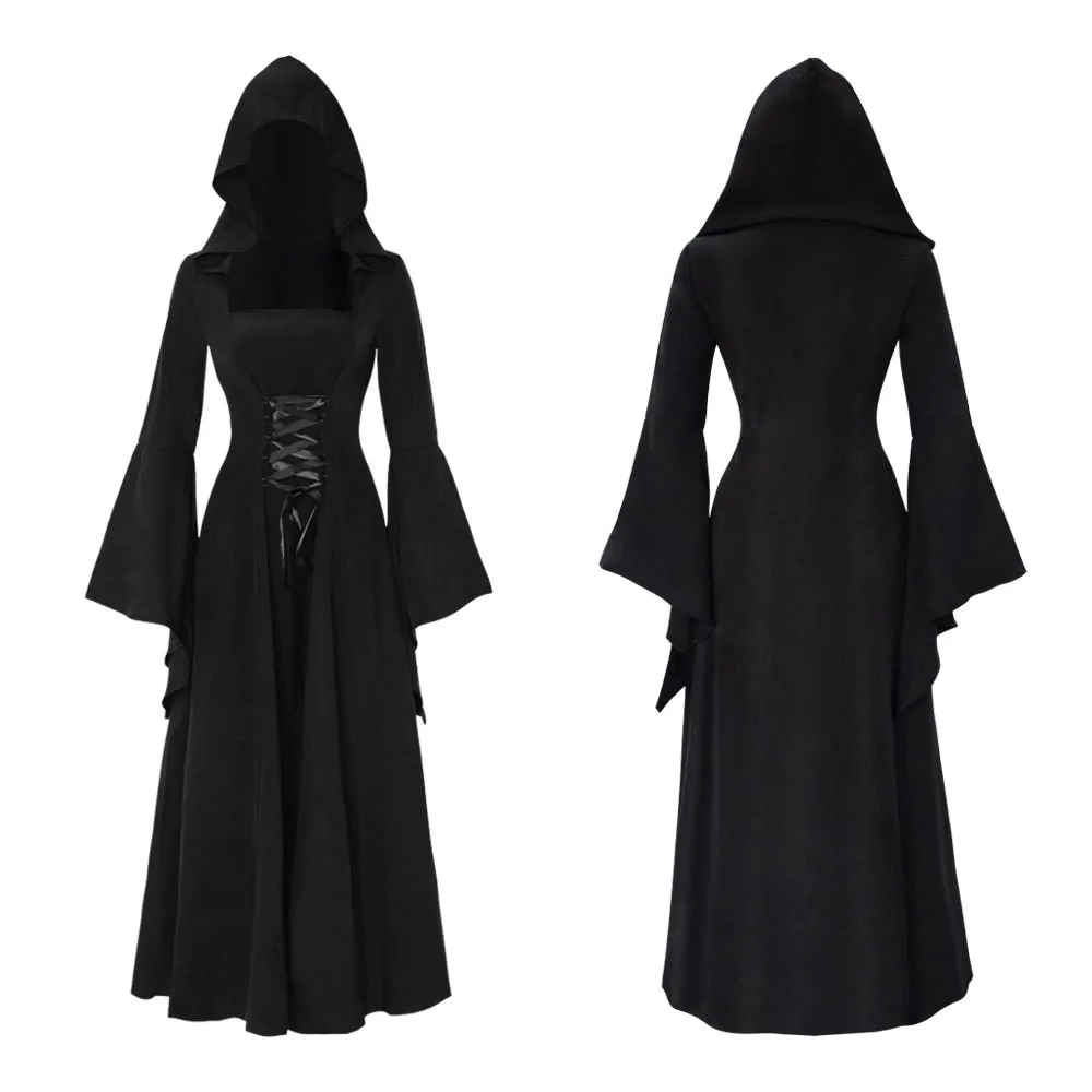 

Medieval Steampunk Long Dress Vintage Black Hooded Flare Sleeve Women Vampire Role Play Halloween Carnival Party Scary Costume