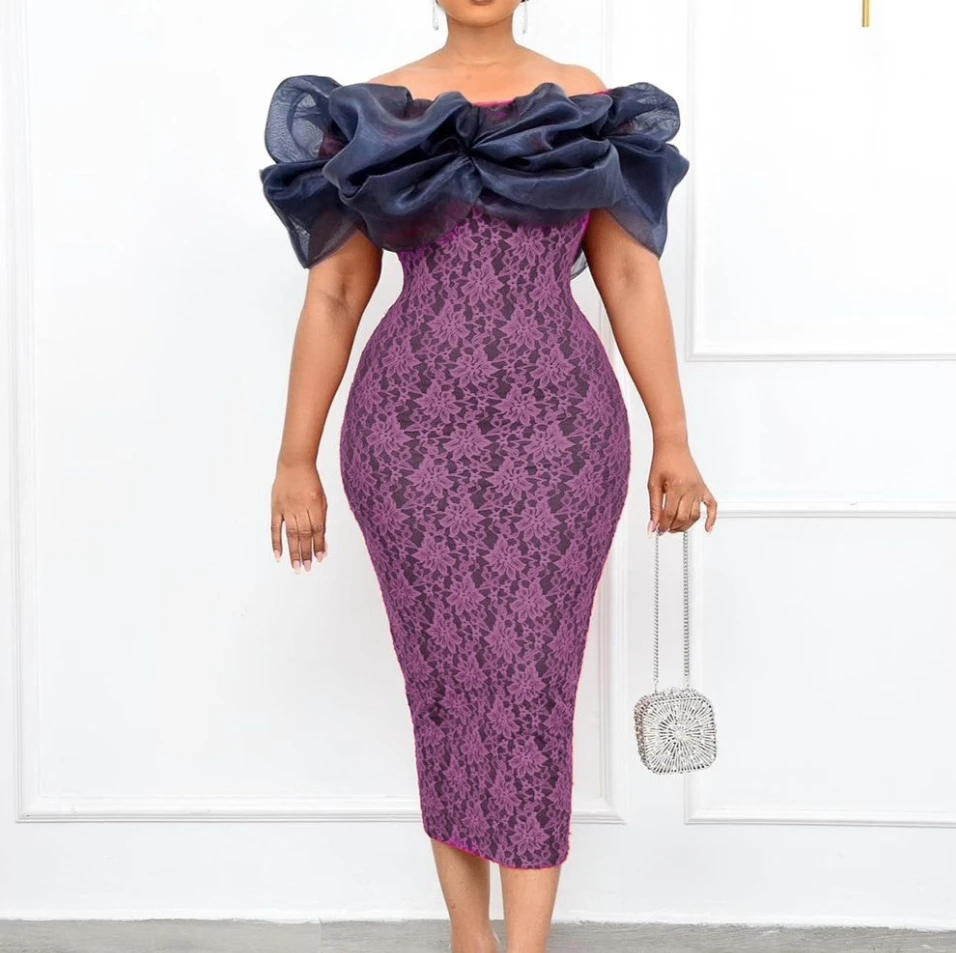 

2024 New Fashion Women Bodycon Dress Elegant Slash Neck Lace Spliced Sheer Mesh Short Sleeve High Waist Banquet Party Mid Dress