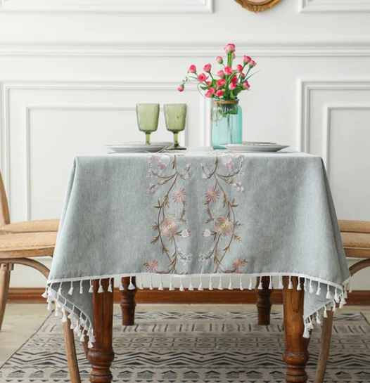 

2023 Fashion floral design fringe decorated linen tablecloth, rectangular table cover, wedding, tea