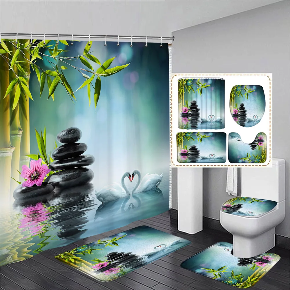 

Zen Spa Lotus Japanese Meditation Shower Curtains Bamboo Basalt Aromatherapy Candle Screen Non-Slip Bath Mat Bathroom Decor Set