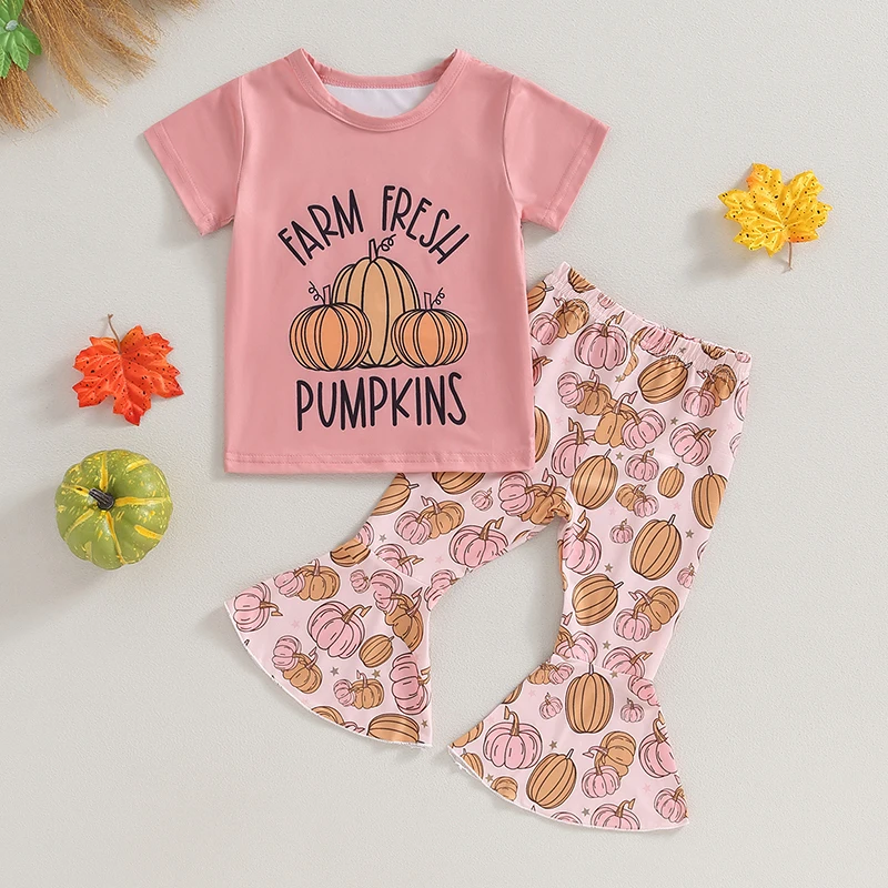 

2023-08-01 Lioraitiin 6M-3T Toddler Girls Halloween Sets Short Sleeve Letter Pumpkin Print Tops Flared Pants Sets