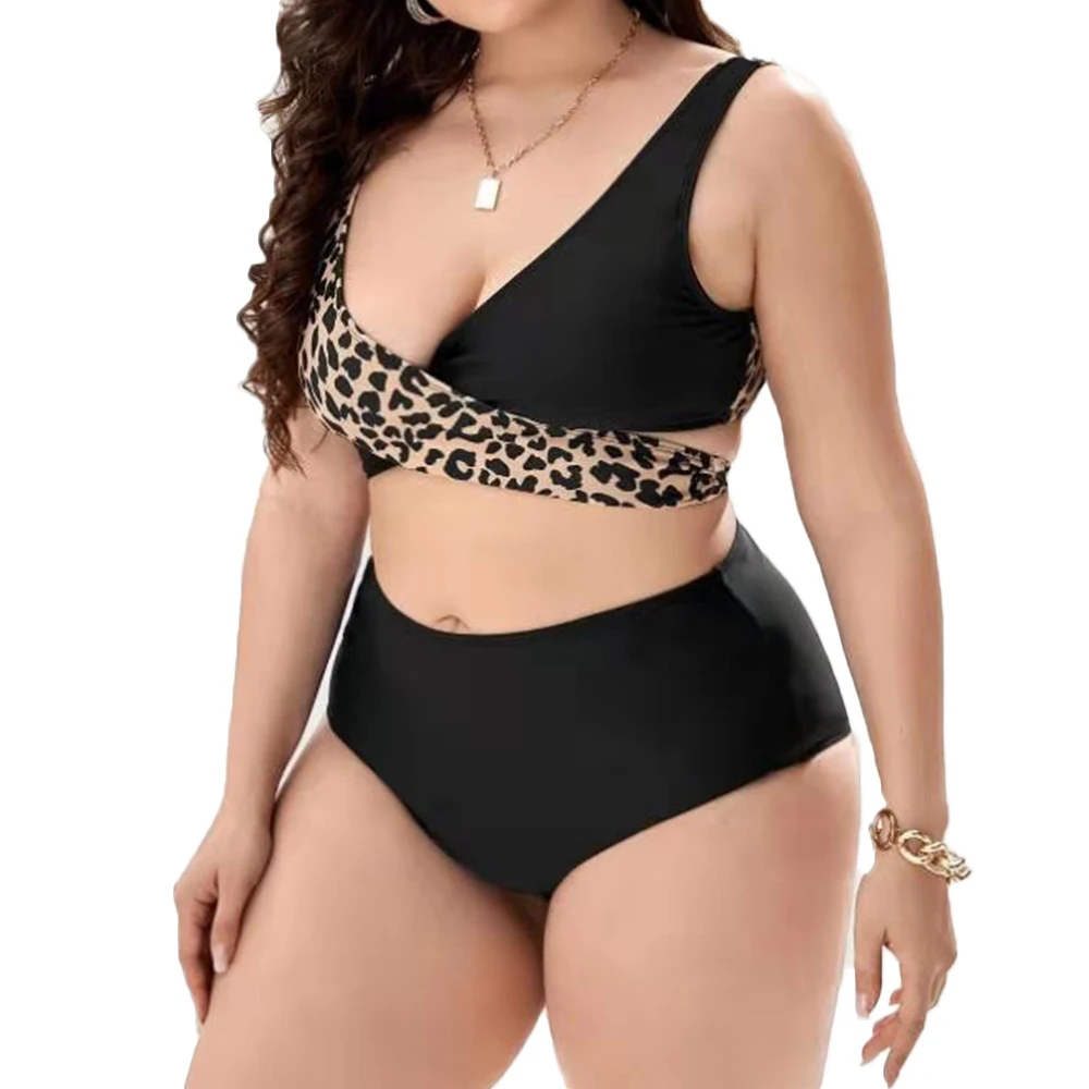 

FS Front Cross Triangle 4XL Plus Size Bikinis Set Swimwear Swimming Suit For Women Bathing Suits Swimsuits Black High Waist