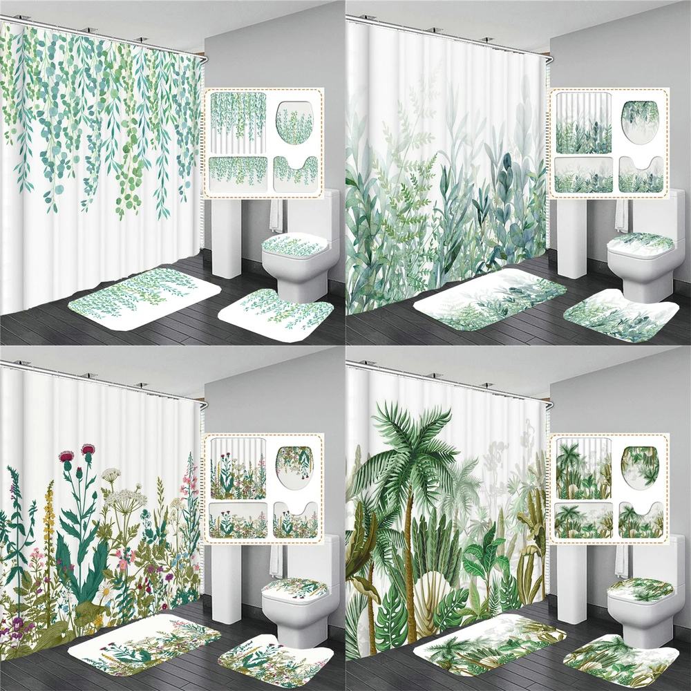 

Занавеска для душа с листьями в простом стиле, зеленые тропические растения, коврики для ванной, декоративные коврики для туалета, аксессуары для ванной комнаты