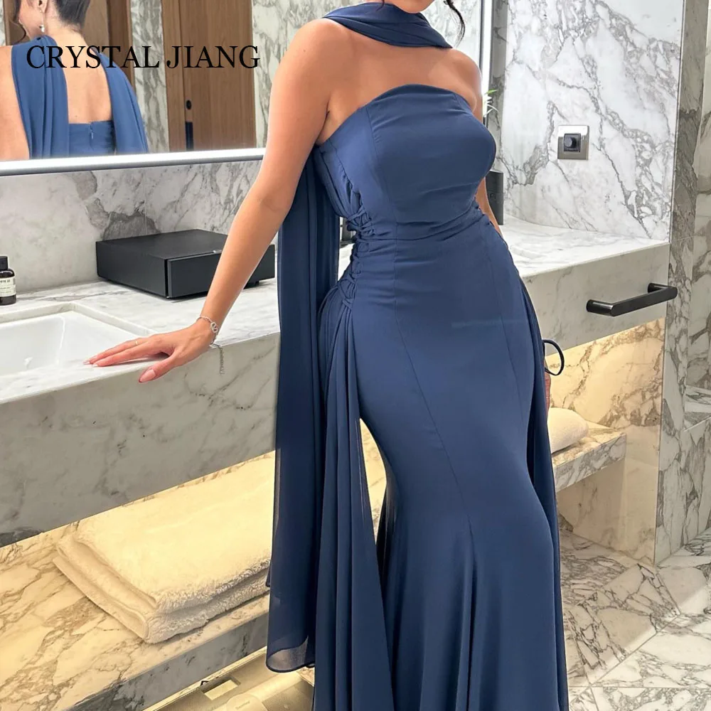 

Vintage Long Strapless Spandex Evening Dresses Sleeveless with Cape Mermaid Sweep Train Robe De Soiree for Women