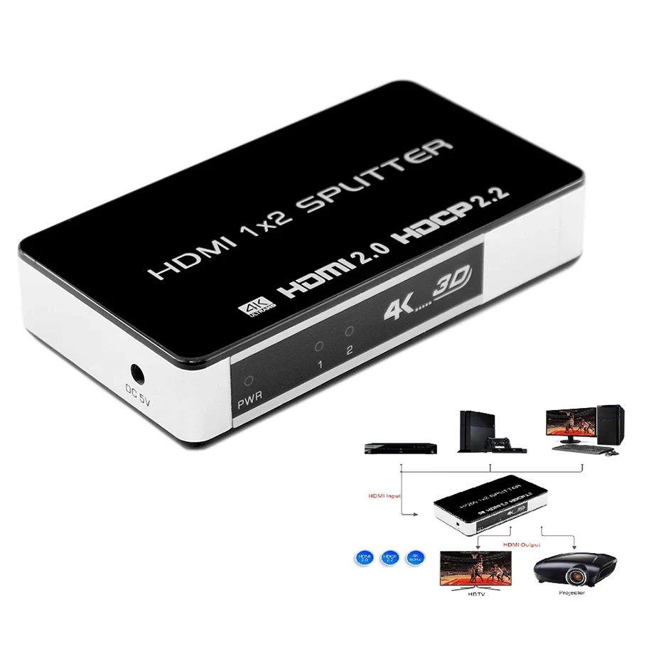 True UHD 4K HDMI-compatible 2.0 Splitter amplifier 1X2 HDR 3840X2160P/60HZ 1 in 2 out HDCP 2.2 for PS4 Pro HDTV Blue DVD
True UHD 4K HDMI-compatible 2.0 Splitter amplifier 1X2 HDR 3840X2160P/60HZ 1 in 2 out HDCP 2.2 for PS4 Pro HDTV Blue DVD