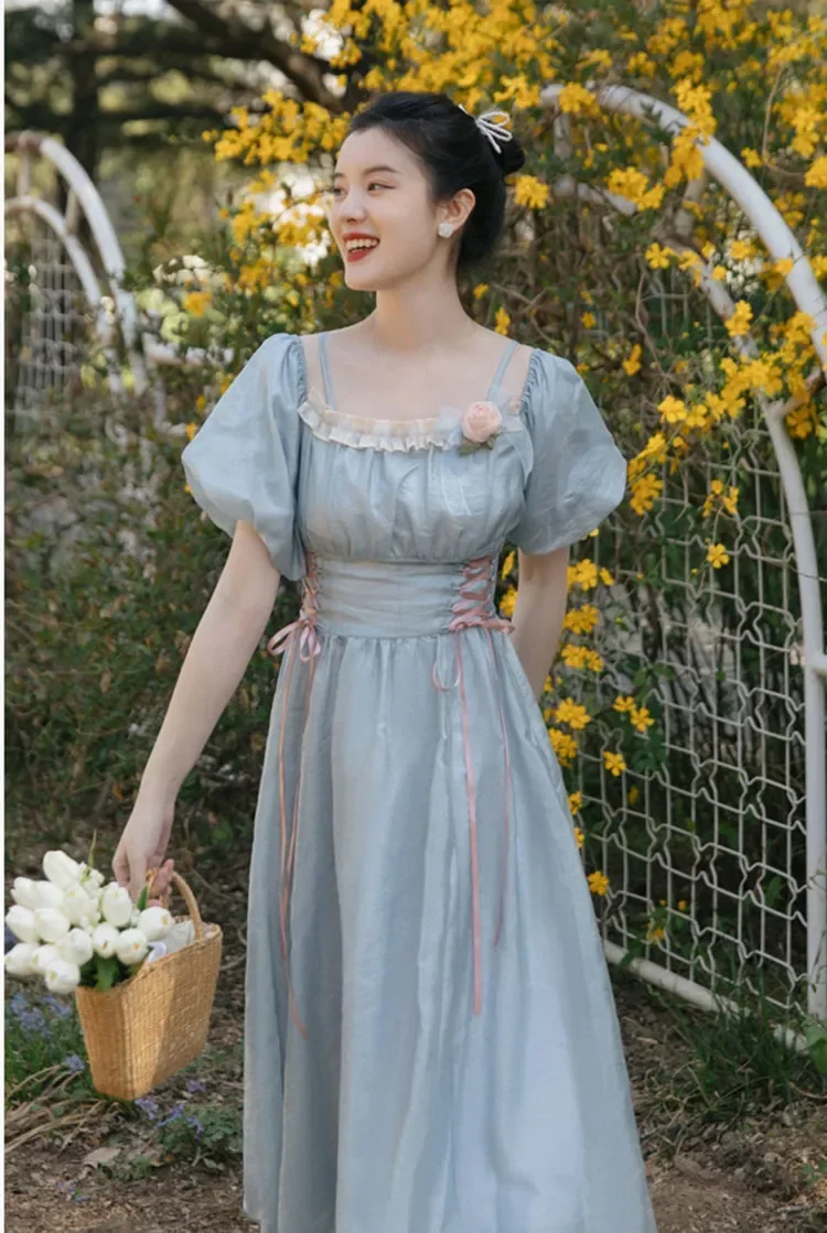 Cottagecore Mori Girl Dress Summer Chic Vintage Blue Spaghetti Strap Bandage Puff Sleeve Retro Princess Dresses Ropa Mujer
Cottagecore Mori Girl Dress Summer Chic Vintage Blue Spaghetti Strap Bandage Puff Sleeve Retro Princess Dresses Ropa Mujer
