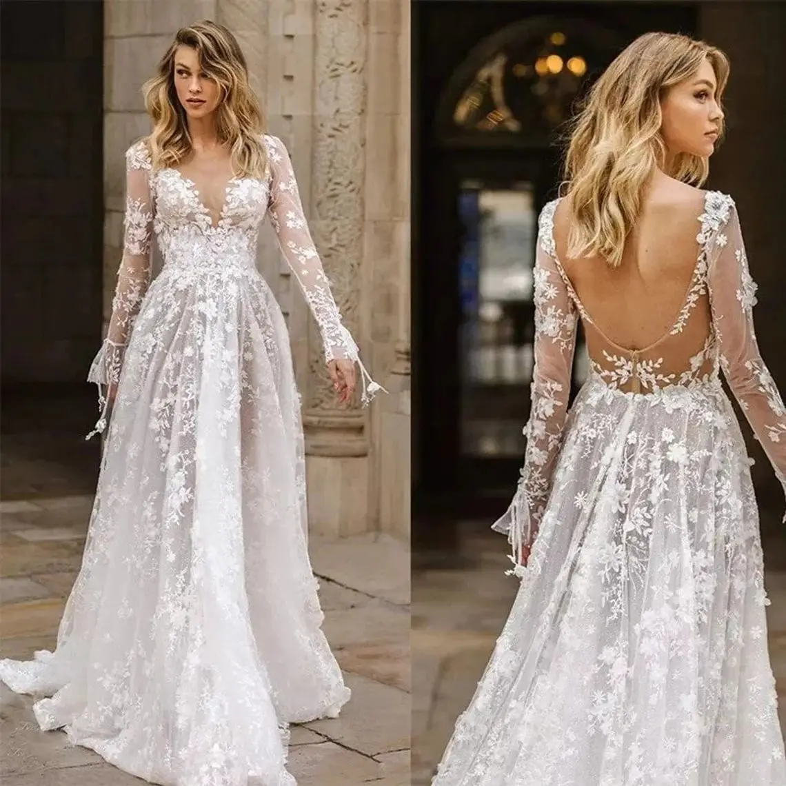 

Роскошное Свадебное платье Lorencia с длинным рукавом и цветочной кружевной аппликацией с V-образным вырезом Свадебное платье Свадебные платья YAW29