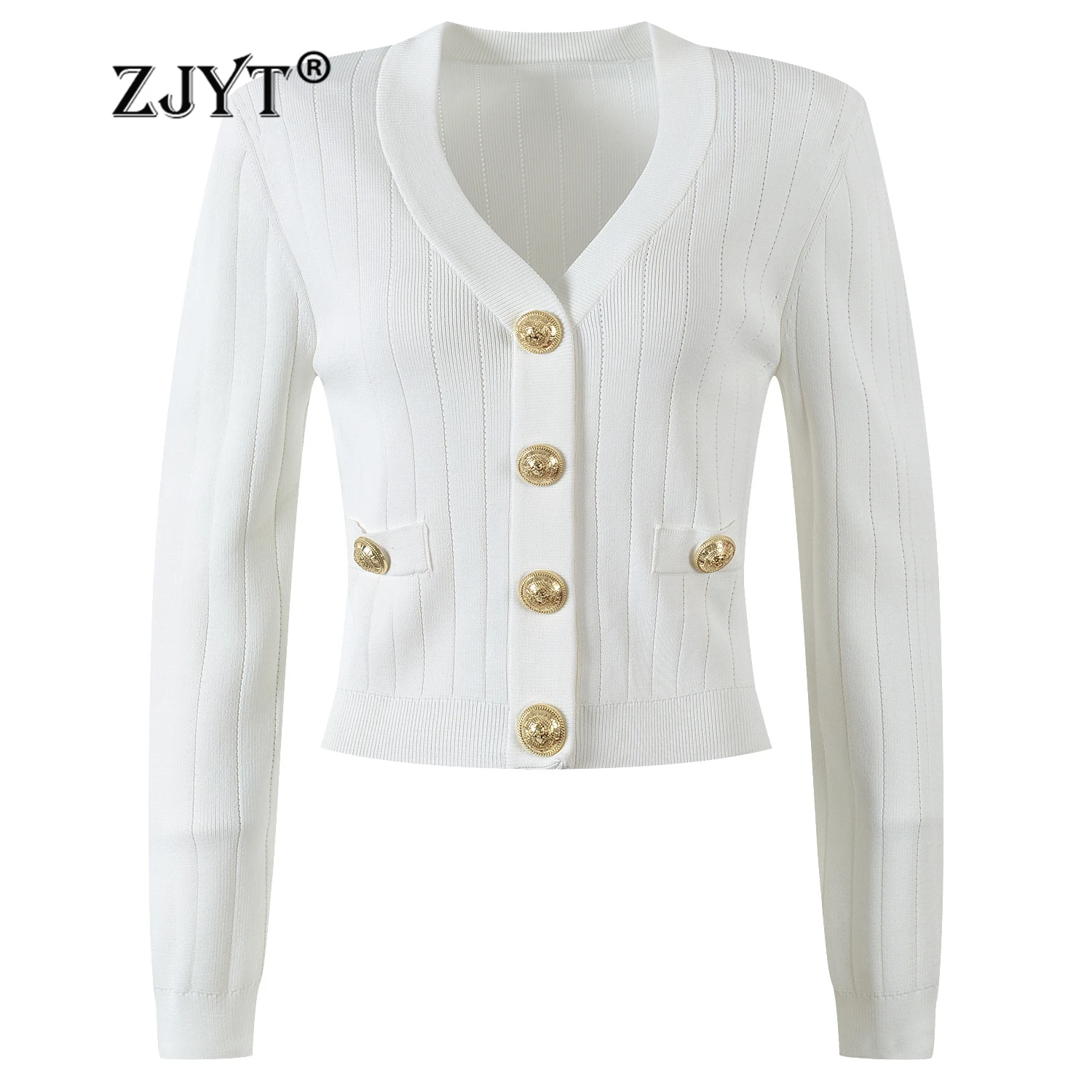 

ZJYT Women's Knitting Cardigans Sweaters Long Sleeve Spring Autumn Short Knitted Coat Fashion Single Breasted Buttons Tops White