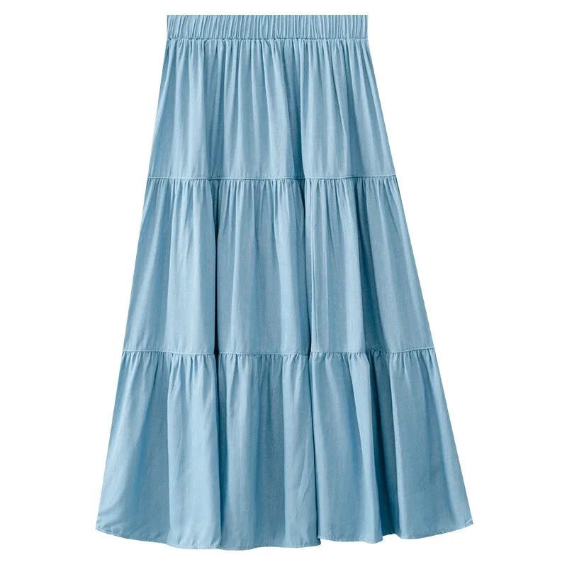 New Women's Ice Silk Skirt Spring-Summer Mid Length High Waist Large Swing Cake Skirt Solid Color Patchwork Denim Skirt
New Women's Ice Silk Skirt Spring-Summer Mid Length High Waist Large Swing Cake Skirt Solid Color Patchwork Denim Skirt