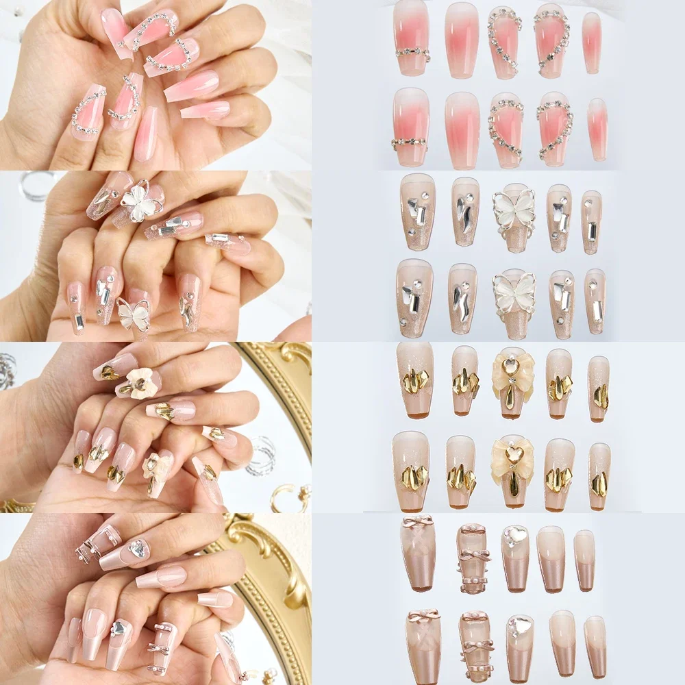 

96PCS/Set Long Ballet False Nails with Bow Designs Pink Coffin Press on Nails Wearable French Fake Nail Full Cover Manicure Tips