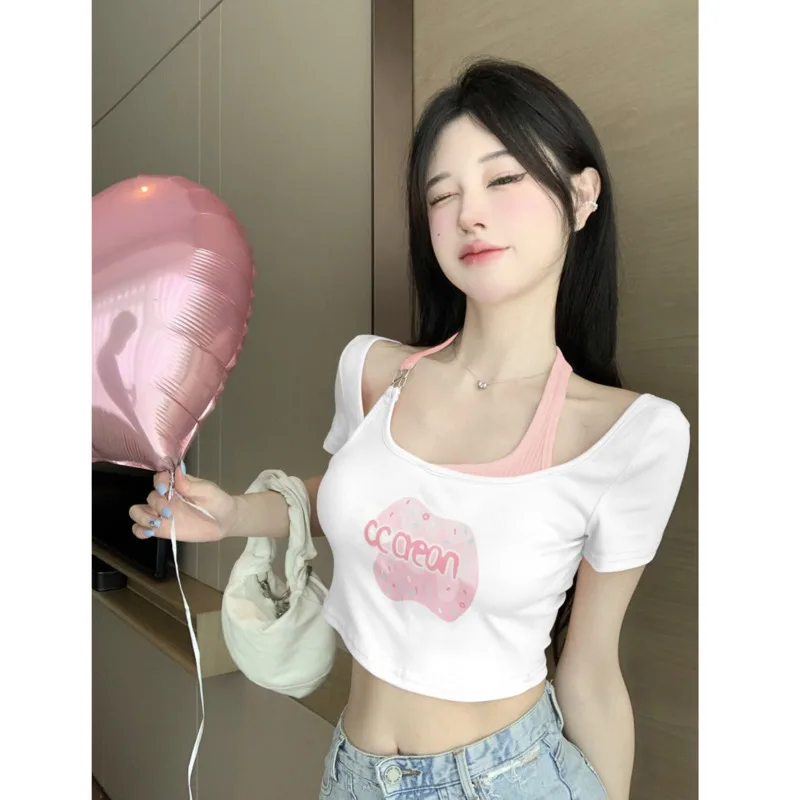 Fake Two Piece T-shirt Women Summer Sweet Spicy Girl Short Expose Navel Neck Hanging 2024 New Slim Desire Design Tees
Fake Two Piece T-shirt Women Summer Sweet Spicy Girl Short Expose Navel Neck Hanging 2024 New Slim Desire Design Tees