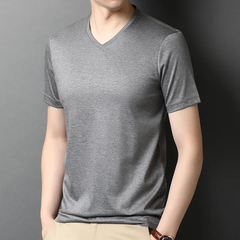 

5038 6.9% мягкая удобная мужская футболка премиум-класса из шелка тутового шелкопряда, модная однотонная простая Свободная Повседневная футболка с коротким рукавом и V-образным вырезом