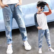 

Kid Boy Jeans Children Ripped Jean Pants Spring Autumn Boys Casual Solid Broken Hole Denim Trousers for Teen Kids 4Y-14Y